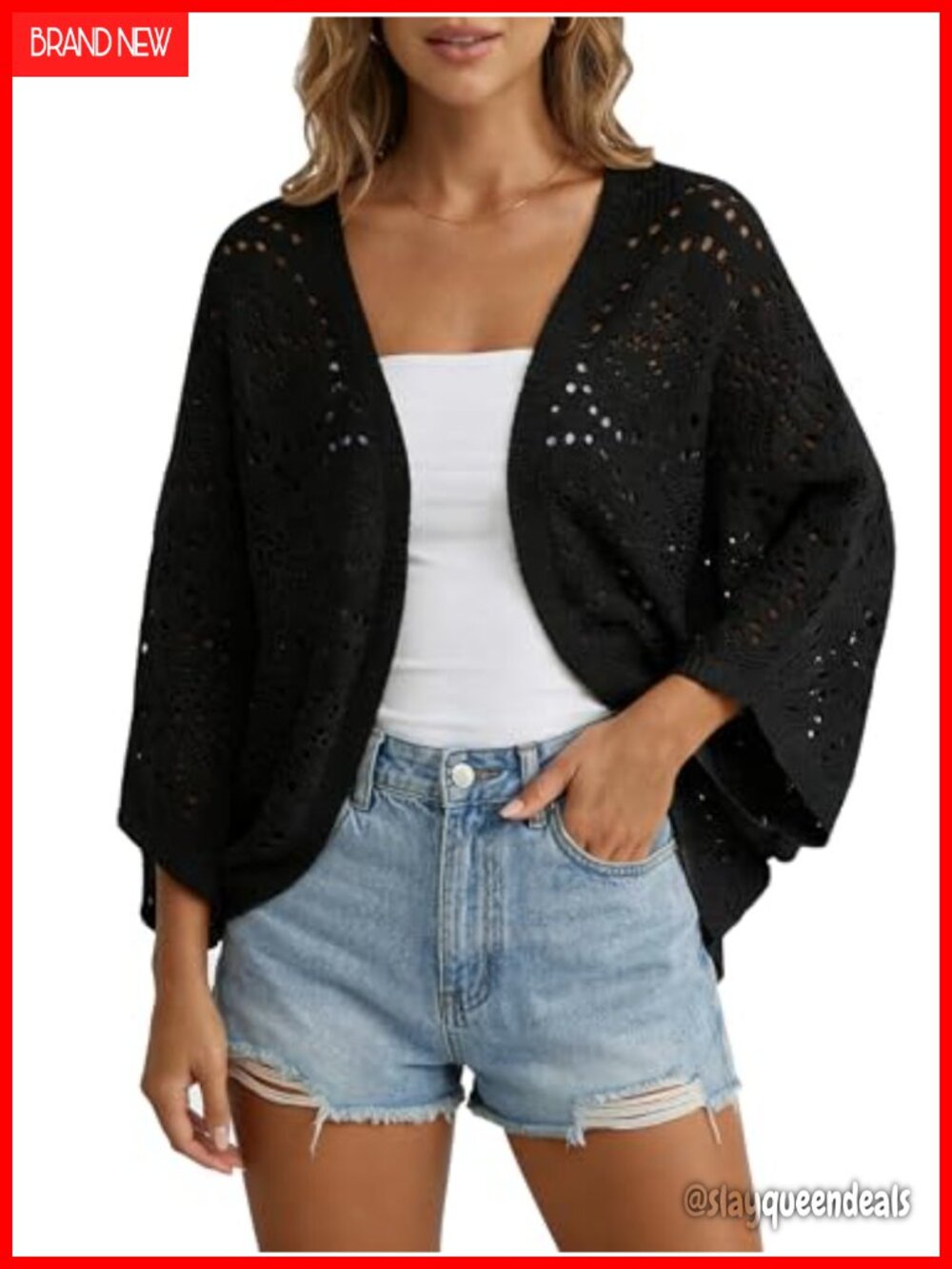 Womens Crochet Cardigan Lightweight Summer 3/4 Sleeve Cover Up